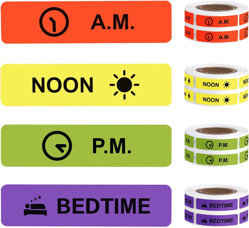 Medicine Stickers Instrukcja medyczna Etykieta stała etykieta papieru AM NOON PM Czas do spania dla Pill Case Planner 0.4 * 1,6 cala (500 na Roll 4 Pack)