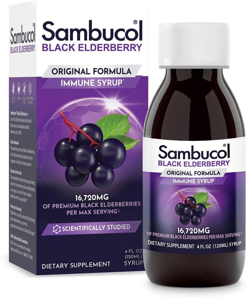 Sambucol Black Elderberry Syrop - Sambucus Elderberry Syrop, Black Elderberry Płyn, Wsparcie immunologiczne, Elderberry Syrop dla dzieci i dorosłych, Wysokie przeciwutleniacze, Gluten Free - Oryginalna formuła, 4 Fl Oz