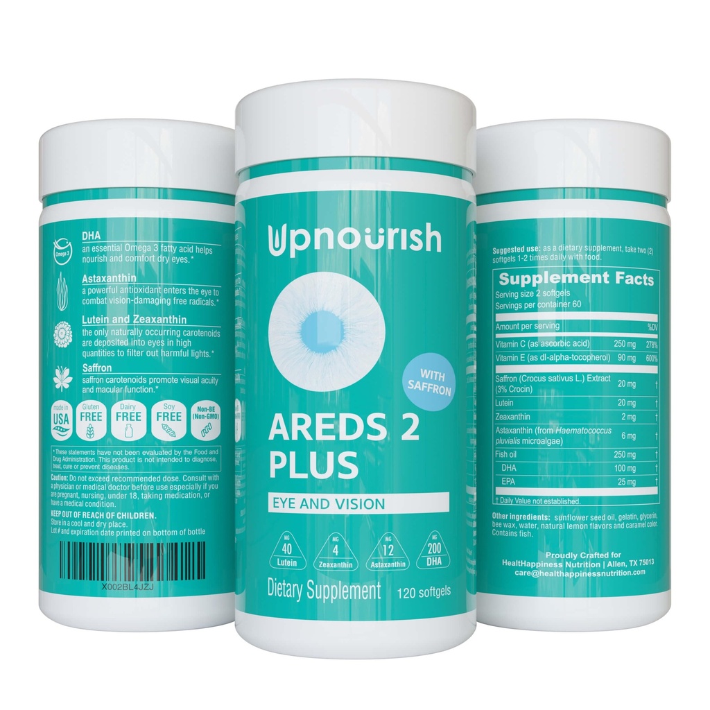 UpNourish AREDS 2 Plus suplement witaminy do oczu, AREDS 2 Wolna formuła cynku z luteiną, Zeaksantyna, Szafran, Astaksantyna & DHA - 120 softgeli