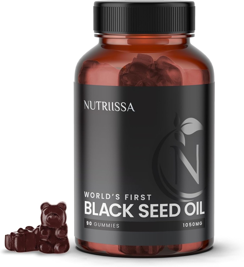 Nutrissa Black Seed Oil + Elder Berry Gummies - Cold- Pressed Black Cumin Seed Nigella Sativa Oil - EPEB Certified for Pure & Potency - 90 Blueberry Flavored Vegan Gummies