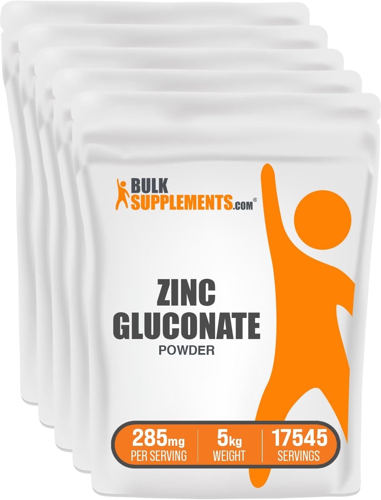 BulkSupplements.com Glukonian cynku Proszek - Cynk 40mg, Proszek cynku - Cynk Suplement do wsparcia immunologicznego - Gluten Free, 285mg na jedną porcję, 5kg (11 funtów) (Opakowanie 5)