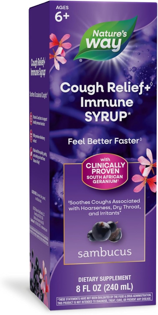 Nature 's Way Sambucus Cough Relief + (1) Immune Syrop *, Feel Better Faster (1), Clinically Proven South African Geranium, with Elderberry Extract, Witamina C & Cynk, 8 Oz (Packaging May Vary)