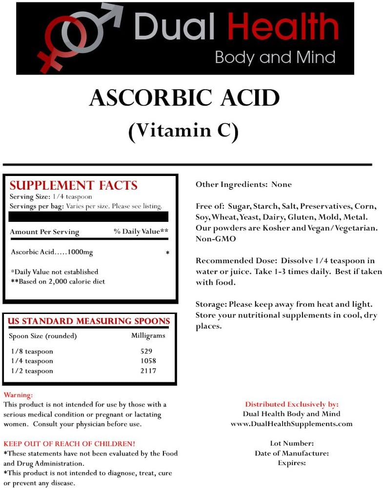 Dual Health Body & Mind 1 (2 lb) Bag of Each Ascorbic Acid (Vitamin C) & MSM (Methylsulfonylmethane) Powder Combo