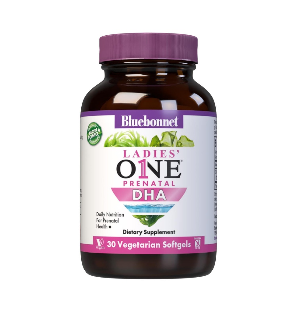 Bluebonnet Nutrition Ladies 'One Prenatal DHA, Daily Nutrition for Prenatal Health *, Non-GMO, Vegan, Gluten- Free, 30 Softgels wegetariańskie, 30 Służenie