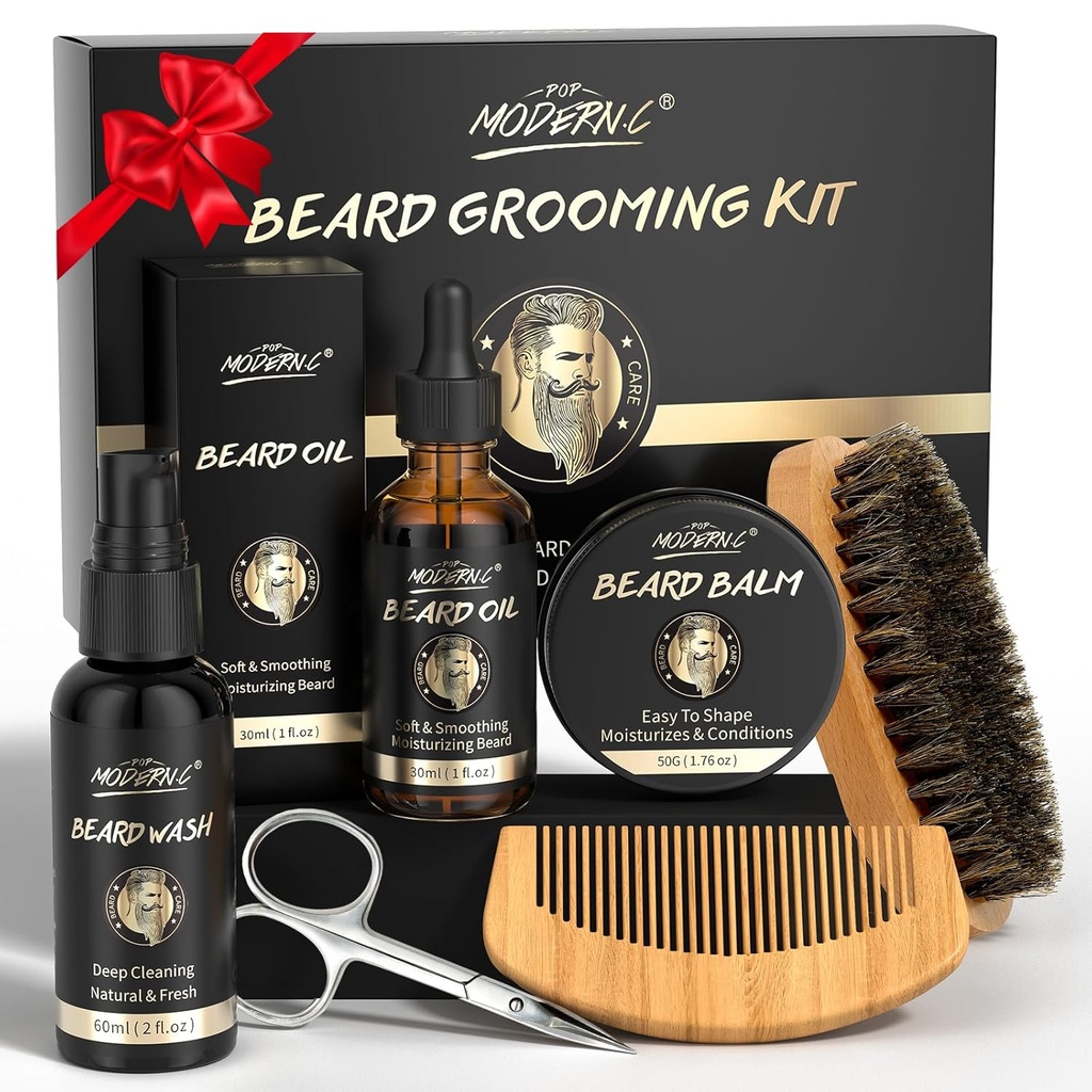 POP MODERN.C Beard Growth Kit Beard Grooming Kit 6pcs Beard Wash Shampoo Beard Oil Balm Beard Comb Brush nożyce