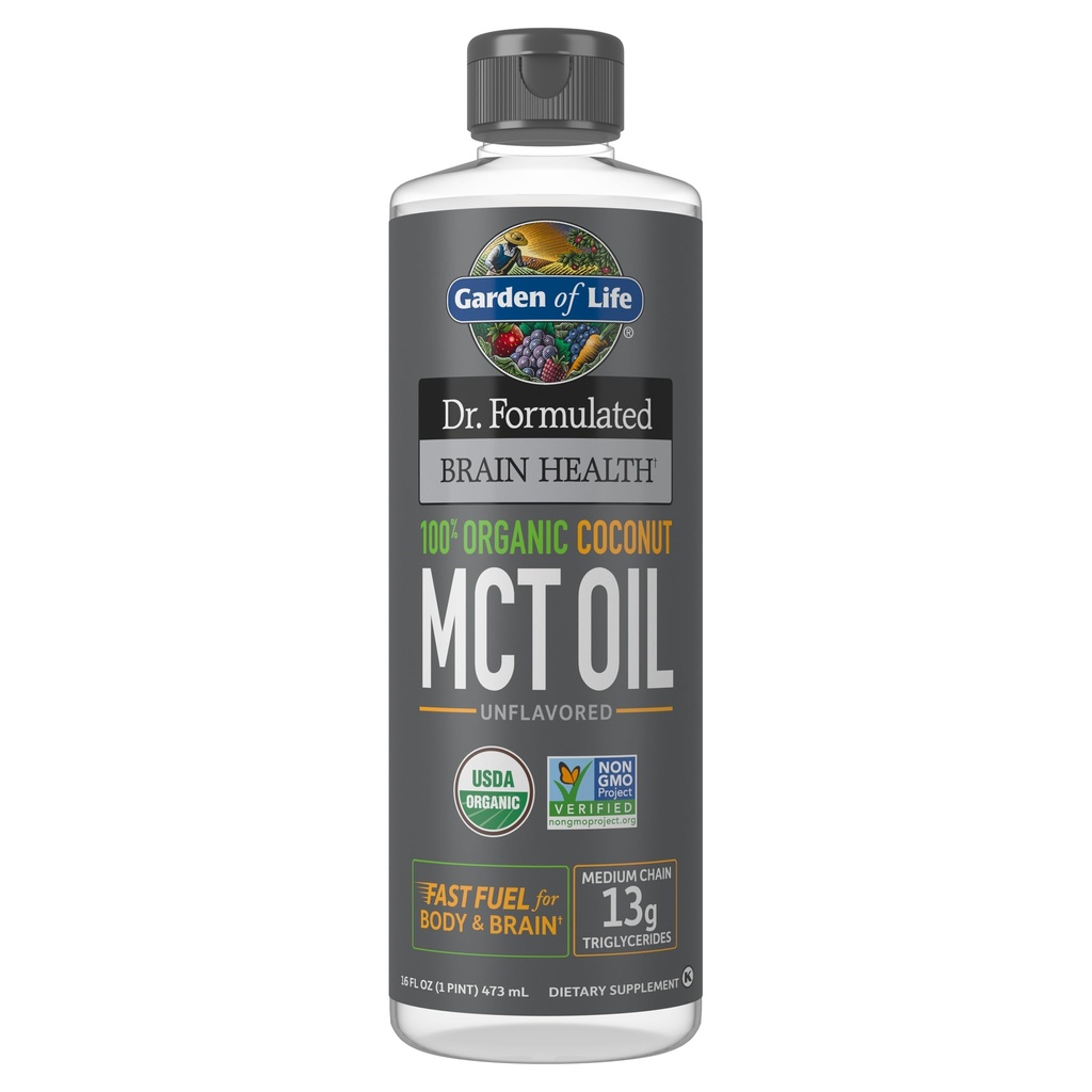 Ogród Życia Dr. Spreparowane Zdrowie Mózgu 100% Organic Coconut MCT Oil 16 fl oz Unflavored, 13g MCTs, Body & Brain Fuel, Certified Non-GMO Vegan & Gluten Free, Hexane- Free