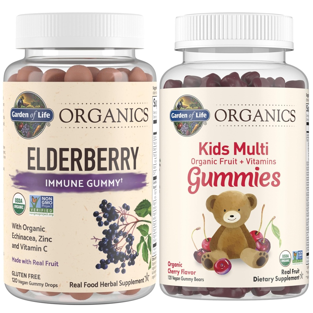 Garden of Life Organics Kids Imimmunological Bundle - Gummies immunologiczne Elderberry (120 Count) + Certified Organic Kids Multivitamin Gummies, Non-GMO, Gluten Free, Cherry (120 Count)