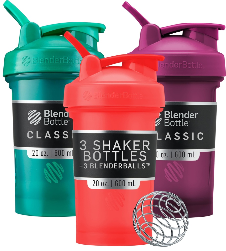 Butelka BlenderBottle Classic V2 Shaker Butelka Perfect for Protein Shakes and Pre Workout, 20- Unce (3 Pack), Czerwony, Zielony, Śliwka