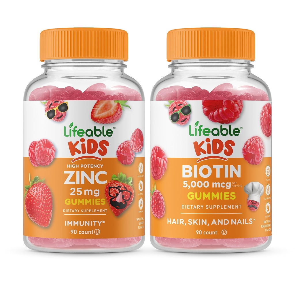 Żywe Cynk 25mg Dzieci + Biotin Dzieci, Gummies Bundle - Great Desting, Suplement witaminy, Gluten Free, GMO Free, Gummy do żucia