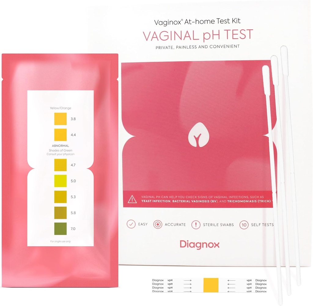 DIAGNOX ZDROWIE Kobiety Zestaw do badania pH pochwy 124; Sterylne przetoki do badania 124; Home Yeast Infection Test & BV Test Strips do 124; Szybkie, dokładne, Kliniczne pH Równowaga w domu Test 124; FSA / HSA Kwalifikowalne (Opakowanie 10)