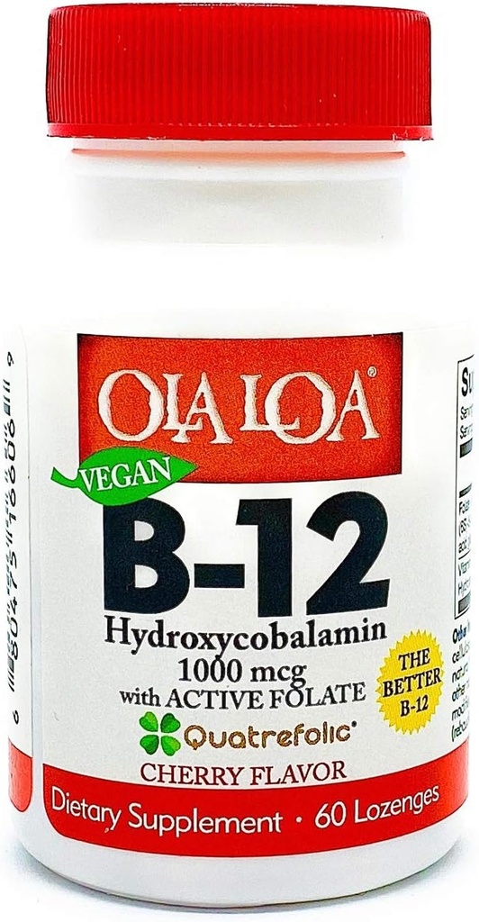 Ola Loa Witamina B12 Podjęzykowe Cherry Dietary Supplement - Hydroksykobalamina, Aktywny folian, Wegan Formuła - Promowanie energii Twojego ciała, Nerwy i Wsparcie mózgu - 60 Tabletki
