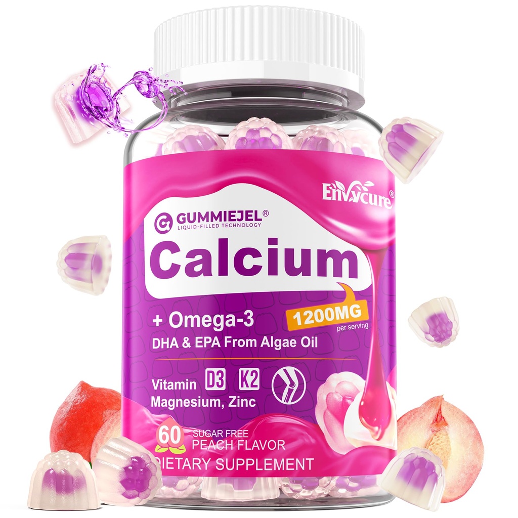 Bezcukrowe Gummeje wapniowe dla kobiet i mężczyzn 1000mg, Witamina D3 K2, Magnez, Cynk, Bor, Mangan, Miedź, Ultimate Absorption Calcium Supplements for Bone, Muscle & Immune - Wegan, 60 Hrabia