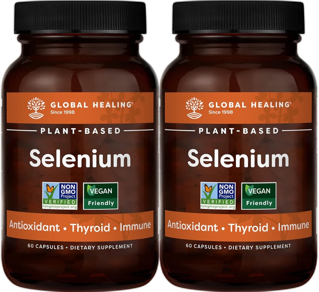 Global Healing Center Selenium 200mcg 2- Pack, Pure Selenium Supplement with Organic Ingredients, Przeciwutleniacze dla tarczycy i immunologicznego zdrowia dla mężczyzn i kobiet - Więcej niż Selenium 100 mcg (60 kapsułki)