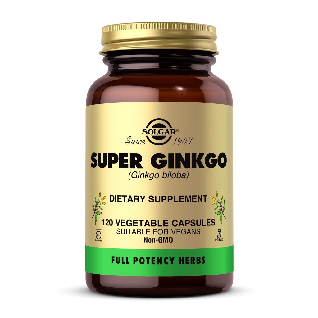 Solgar Super Ginkgo, 120 Kapsułki roślinne - Full Potency (FP) - Przeciwutleniacz i system nerwowy Wsparcie - Zdrowie mózgu - Non-GMO, Wegan, Gluten Free, Dairy Free, Kosher - 120 Sługi
