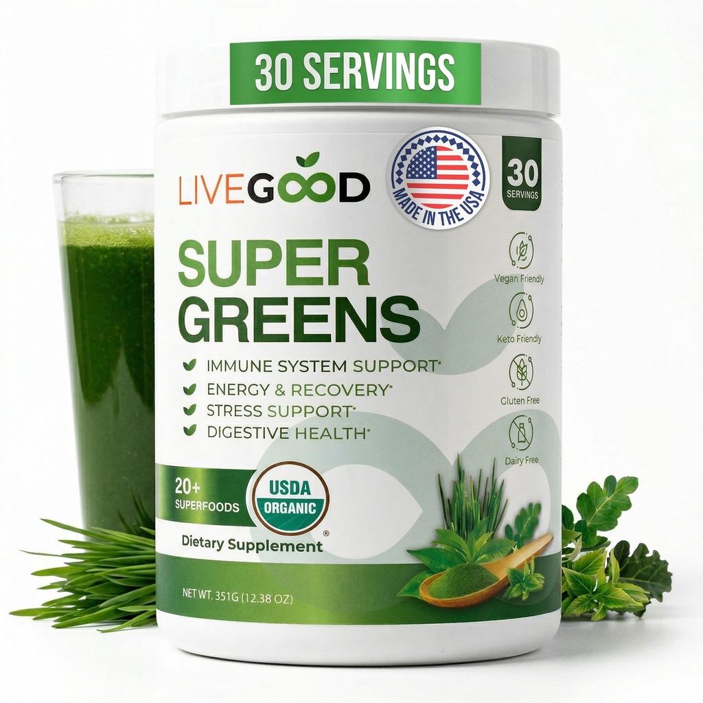 LiveGood Super Zielony Proszek Superfood Organiczny z proszkiem do trawy pszennej, Codzienne Superfood Proszek do wsparcia immunologicznego, Energia i Detox, Green Juice Proszek Suplement (30 Servings), 12.38 Oz