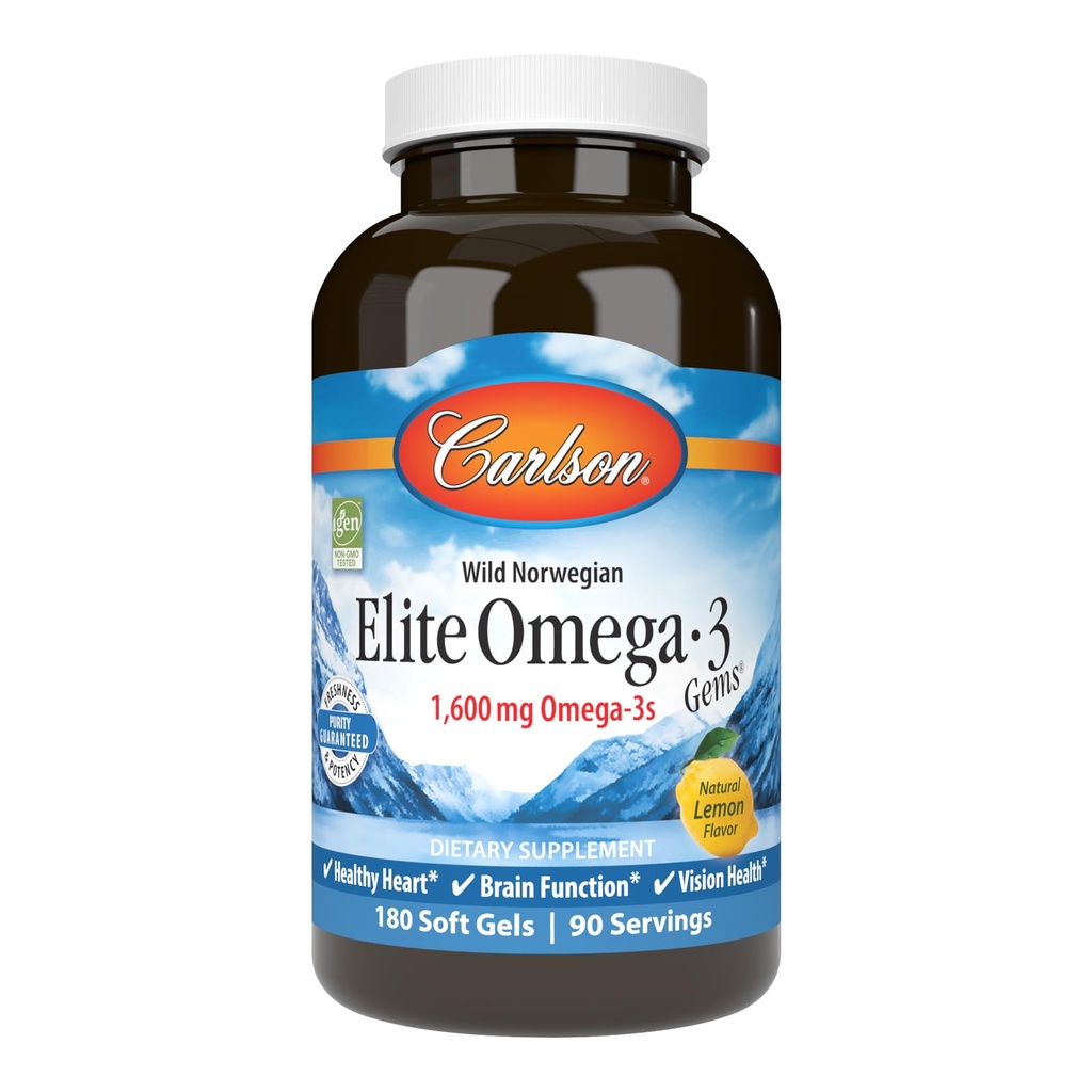 Carlson - Elite Omega-3 Gems, 1600 mg Omega-3 Włączając EPA i DHA, Norweski, Wild- Caught Fish Oil Supplement, Sustainable Sourced, Lemon, 180 Softgels