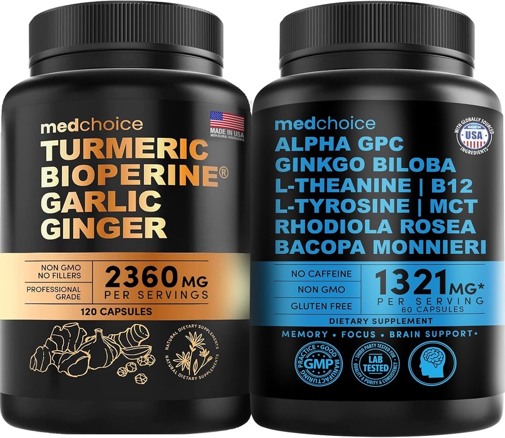 MEDCHOICE Turmeric & Ginger (120ct) i Nootropic Brain (60ct) Suplement Bundle - Wellness Duo dla Joint, Trawienie, Mózg, & Mood Support - Vegan, Non-GMO, Gluten- Free