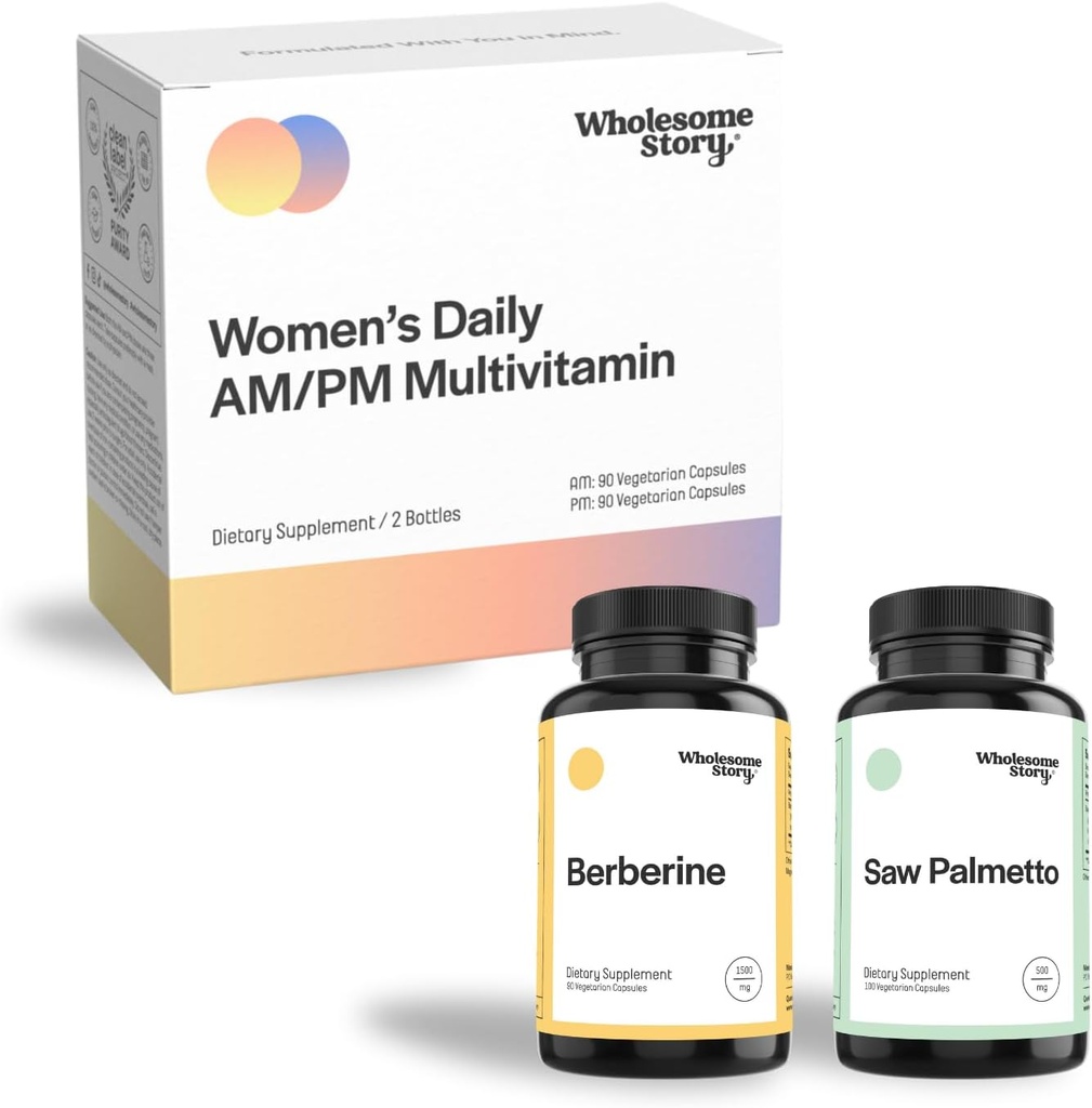 Włosy, Skóra, & Nails Bundle: Berberine Supplement 1500mg Between 124; Saw Palmetto for Men & Women Between 124; Premium Bioavable Daily Multivitamine for Women with Iron, Folate, Wapń, Omega-3 DHA & Witamina D