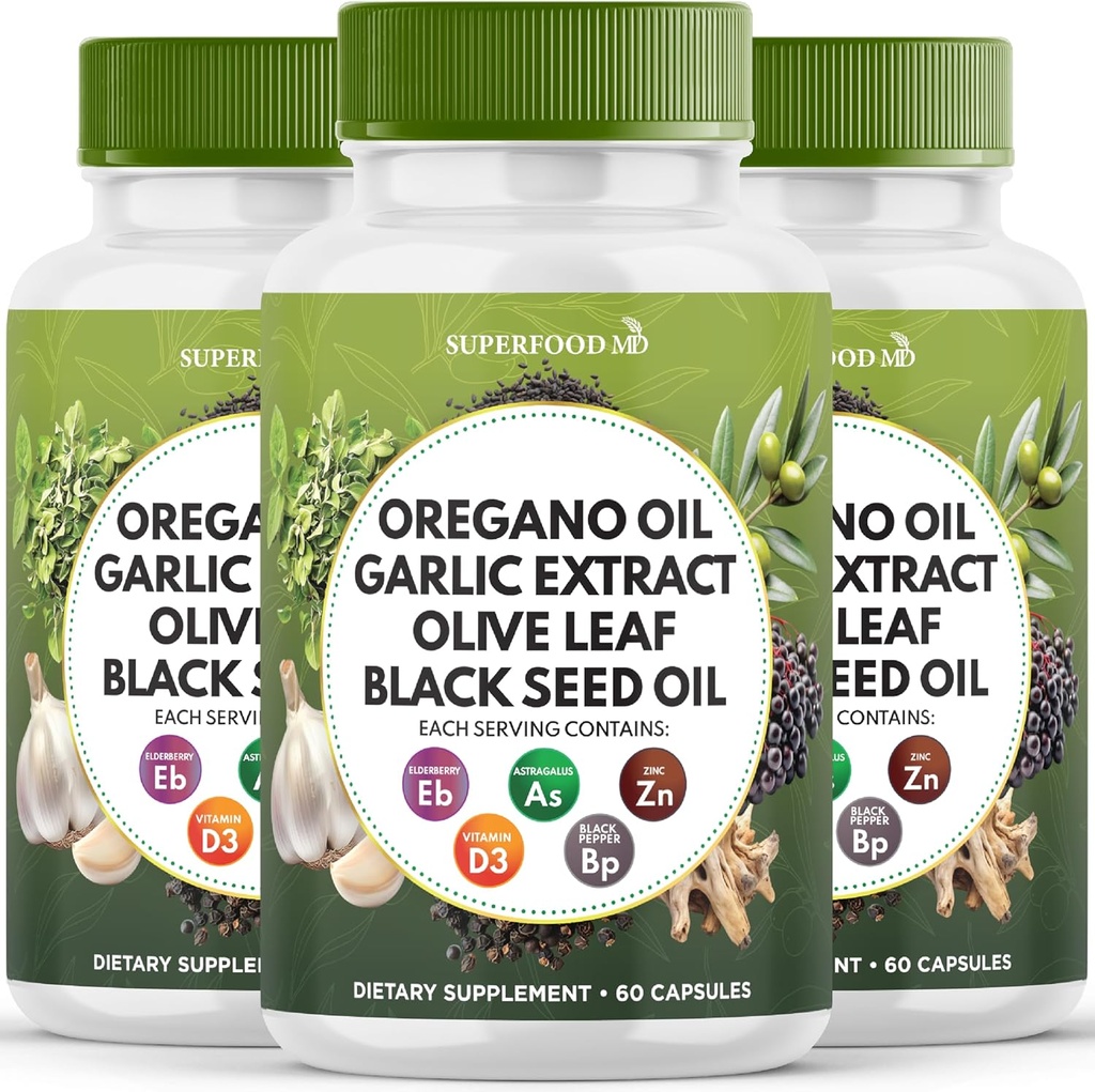 Oregano Oil Garlic Extract Olive Leaf Black Seed Oil Astragalus - Suplement wsparcia immunologicznego dla kobiet i mężczyzn - 180