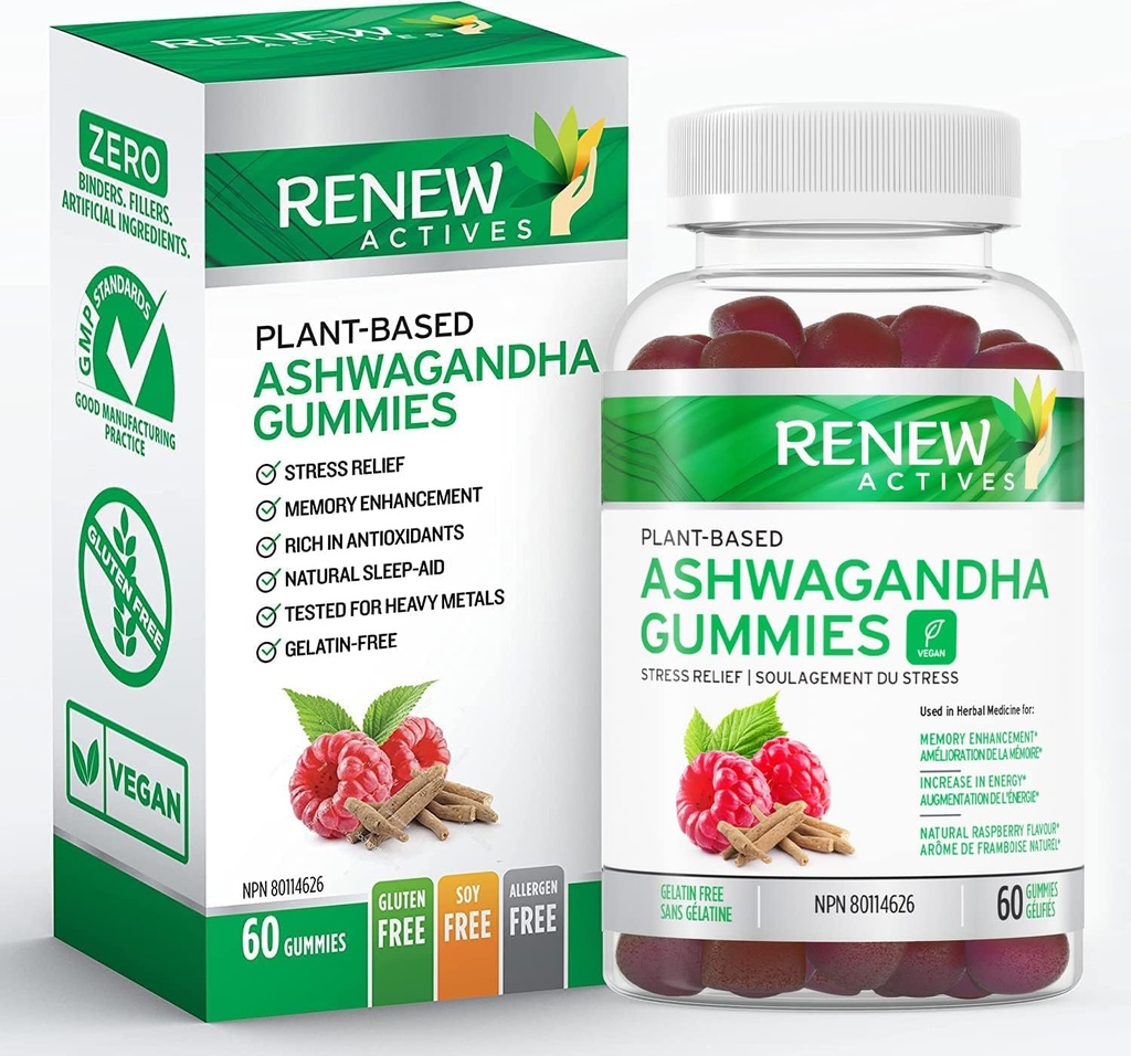 Renew Actives Ashwagandha 100MG na 4 Gummies - Pamięć, Focus & Energy Boost - Tradycyjnie używane jako odmłodzony Tonic - Wegan, Ziołowy Adaptogen - Made in Canada - 60 Gummies