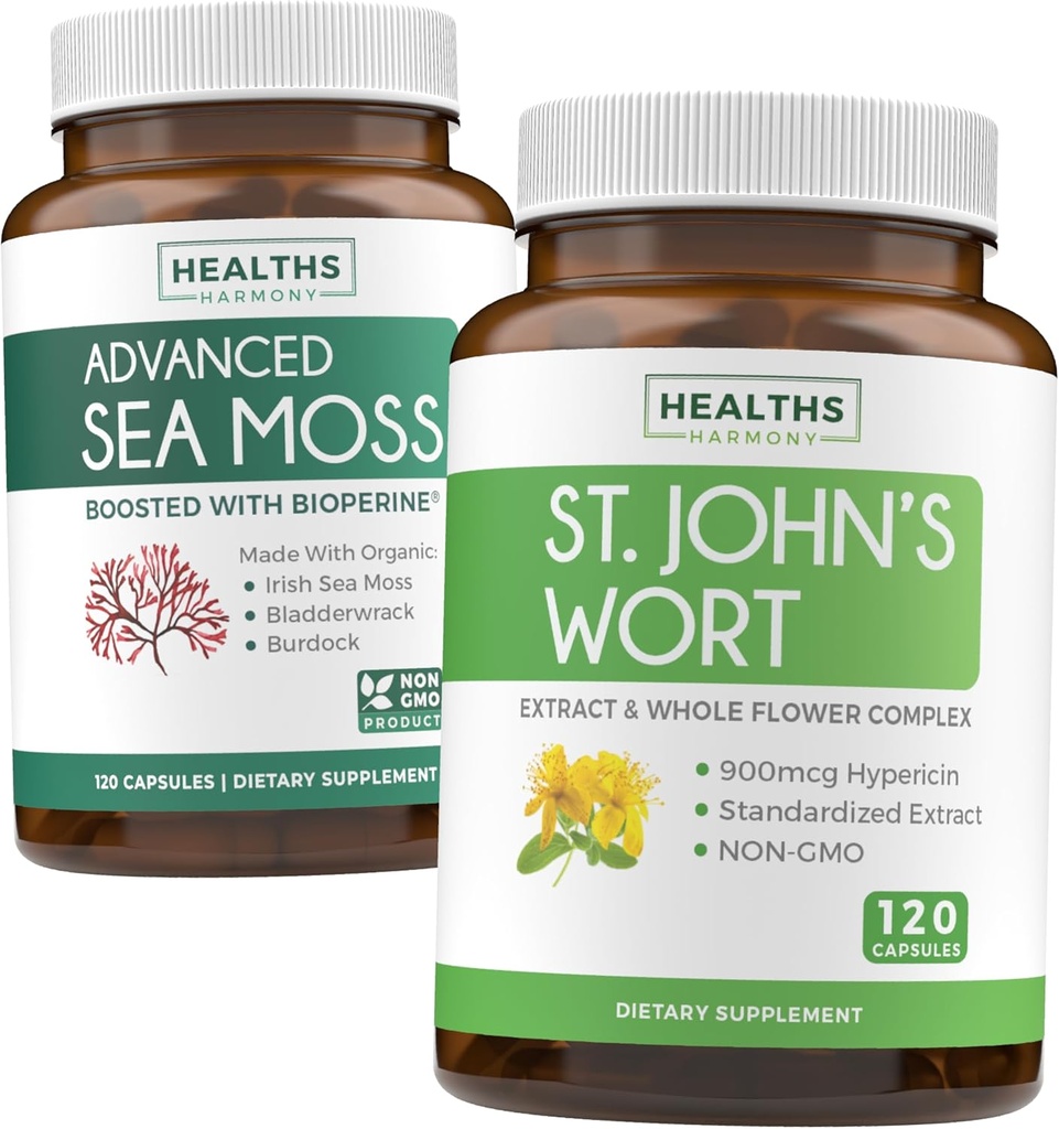 Sea Moss & St. John 's Wort (2- Month Supply) Mood Moss Blend - Organic Irish Sea Moss - Raw Vegan Supplement (120 Caps) & St John' s Wort with Powerful 900mcg Hypericin Vegan Non-GMO (120 kapsułki)