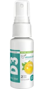 Żywienie wegańskie - witamina D3 Spray dla dorosłych (400 j. m.) - 50% RDV - Orange- Flavored, Gluten- Free, Non-GMO, Wspiera zdrowie kości i system immunologiczny - 0,65 Fl Ounce