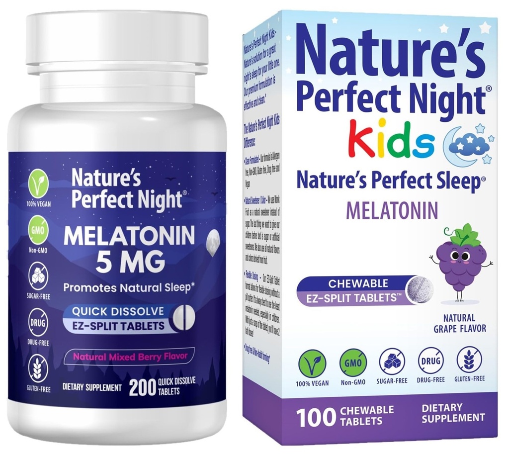 Nature 's Perfect Night Bundle' s 124; Melatonin 5mg 's 124; Kids Melatonin 1mg' s 124; 200 Count 's Digital 124; 100 Count' s Digital 124; Sugar Free Digital 124; Gluten Free Digital 124; Non-GMO Digital 124; Vegan