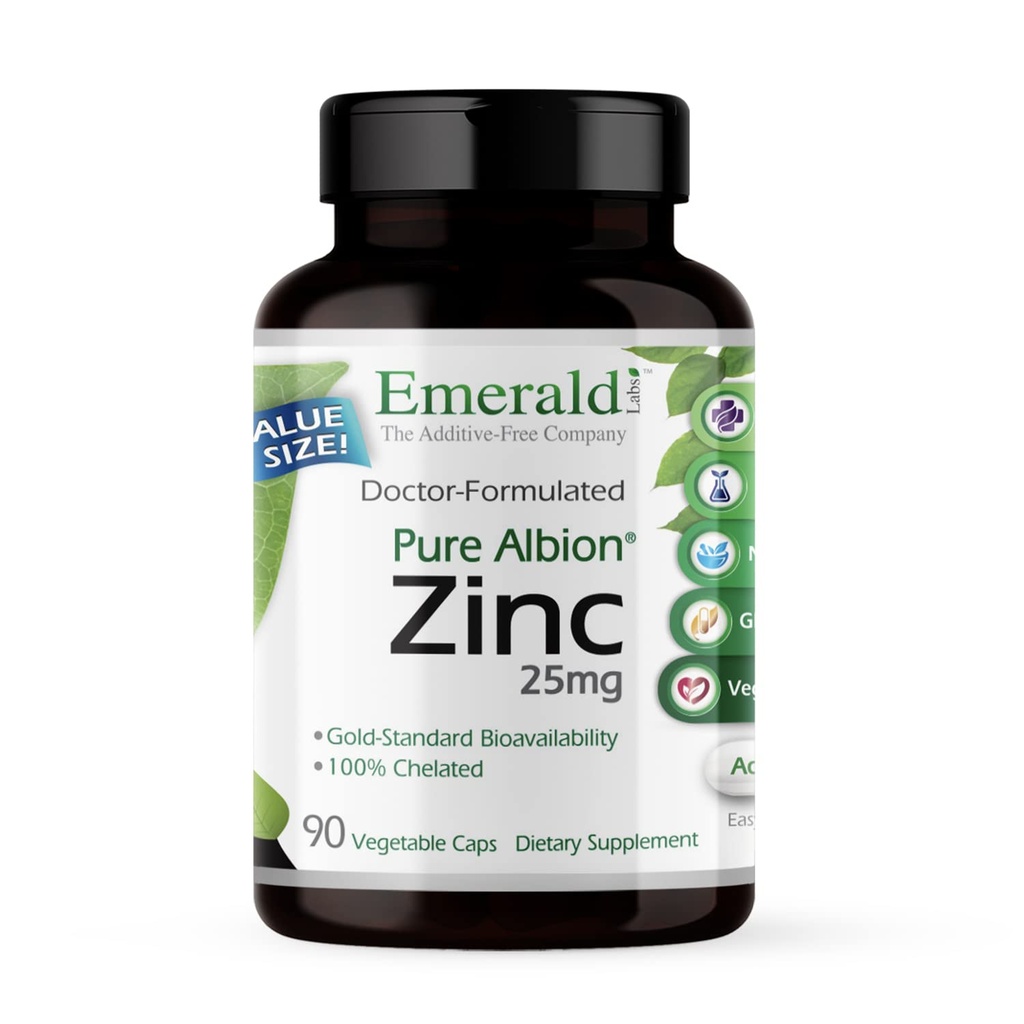 Emerald Labs Cynk 25mg - Wsparcie immunologiczne, Zdrowie pokarmowe, Oksydacyjne Wsparcie Stresowe - Wykonane z Bisglicinate cynku - Wegan & Gluten- Free - 90 Kapsułki roślinne