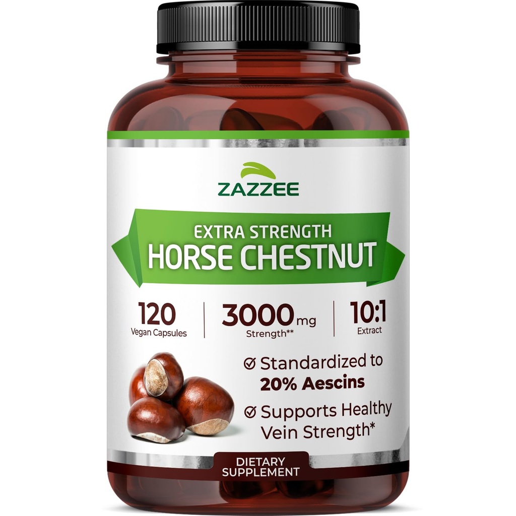 Zazzee Extra Siła Koń Chestnut 10: 1 Ekstrakt, 3000 mg Siła, 20% Aescin, 4 Miesiąc Dostawy, 120 Kapsułki wegańskie, Skoncentrowane i Standaryzowane 10X Ekstrakt, All- Naturalny, Non-GMO, Made in USA