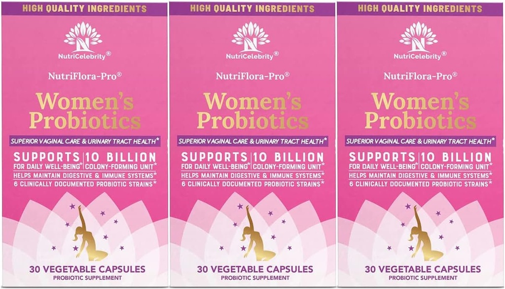 Probiotyki Nutricelebrity dla kobiet 10 Miliard CFU 6 Szczepy, Organiczne Prebiotyki do Żywieniowe, Waginalne i immunologiczne Zdrowie, PH Balance & Feminine Health, Okres bólu, BV Relief, Ekstrakt żurawinowy + 3 Pack
