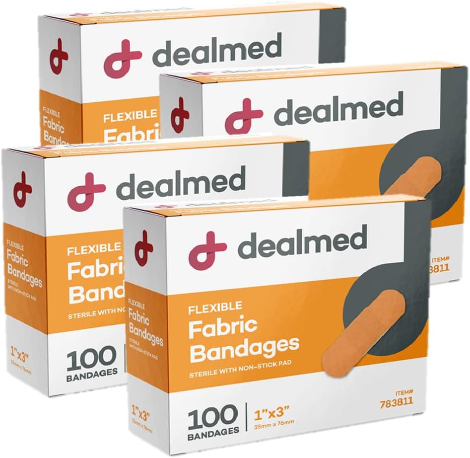 Dealmed Sterylne opatrunki kleju materiałowego - 1x3 Inch - 100 / Box - 4 Pudełka - Pakiet z pierwszą pomocą oddechową - Miękka opaska na rany rozpięte dla lekarzy, zestawy ratunkowe i klinika