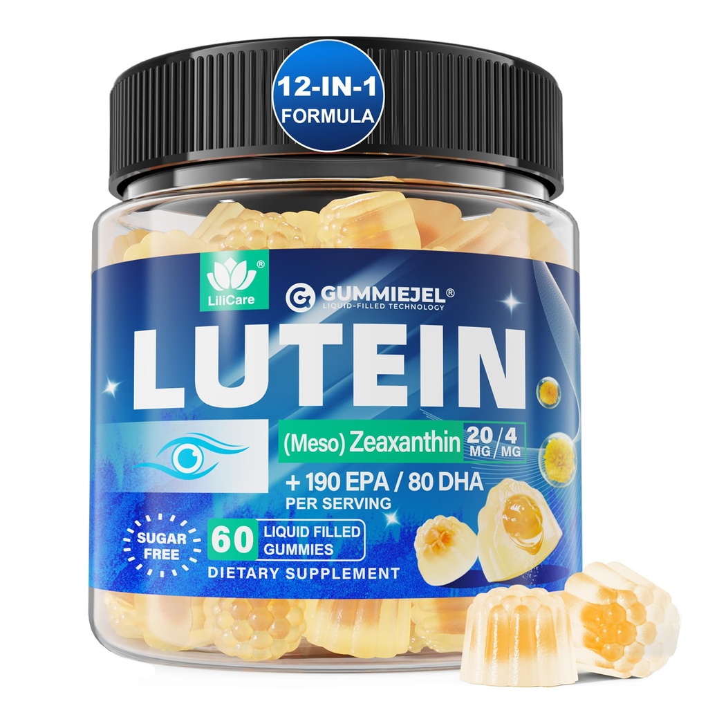 Lutein 20mg 40 mg i Zeaksantyna Suplementy dla oczu, Lutein Gummies z Omega 3, Szafran, Cynk, Bilberry & Goji Berry dla Vision Support - Gummies Vitamin dla seniorów - Wegan, Cukier wolny, 60ct