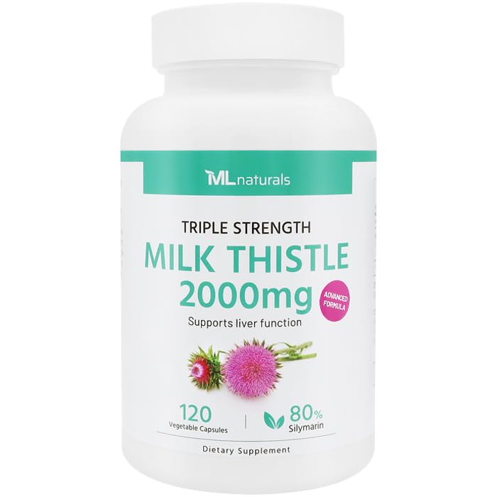 ML Naturals Triple Strength Milk Thistle 2000 mg (Wysoka Dawkowanie i Moc Silymarin 192 mg na Serving), 120 Kapsułki roślinne (4 miesiące dostaw). Wspiera zdrowie wątroby, NSF- Certified & cGMP- Compliant