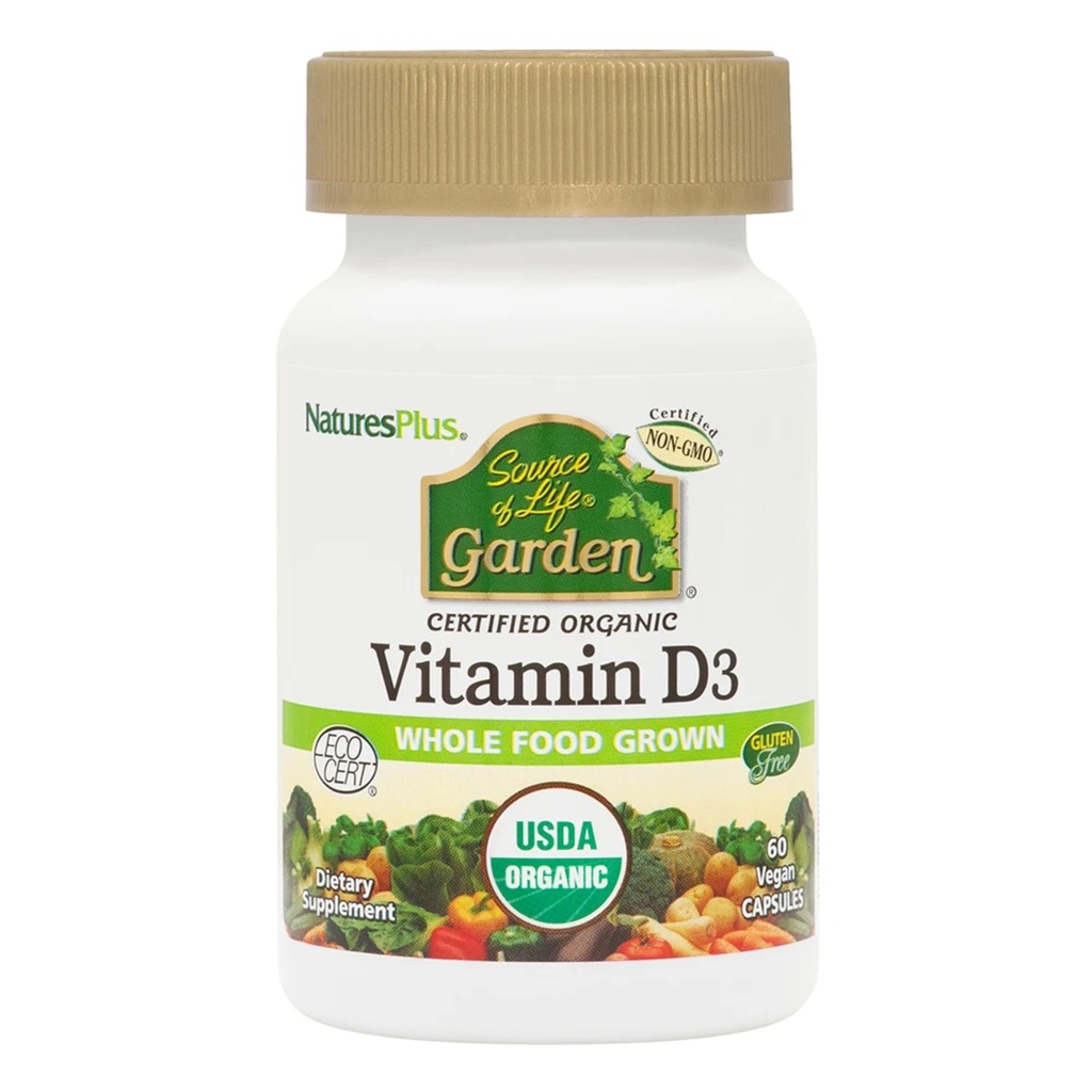 Natury Plus Źródło Ogród życia Certified Organic Witamina D3 - Cholecalciferol 5000 iu, 60 Kapsułki wegańskie - Całość żywności Plant-Based Supplement - Wegetarianin, Gluten- Free - 30 Słupki