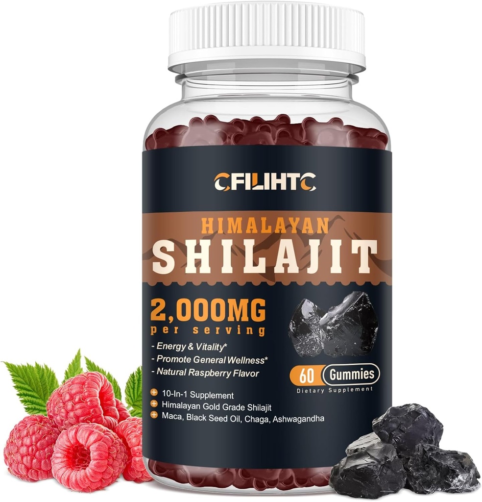 Shilajit Gummies 2000mg - Shilajit Pure Himalayan Organic for Men & Women 85 + Trace Minerals Shilajit Resin with Ashwagandha, Maca, Black Seed Oil - Energia, Mózg, Immunitet, Sugar Free Malina 60ct