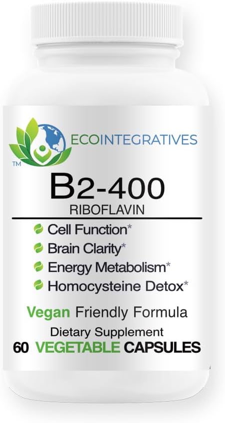 B2- 400 Czysta ryboflawina - Zdrowie układu nerwowego, Detox homocysteiny, sercowo-naczyniowy, Pomaga zwiększyć energię, Jasność psychiczna, Metabolizm i Funkcje Komórki (60, Nieflawored)