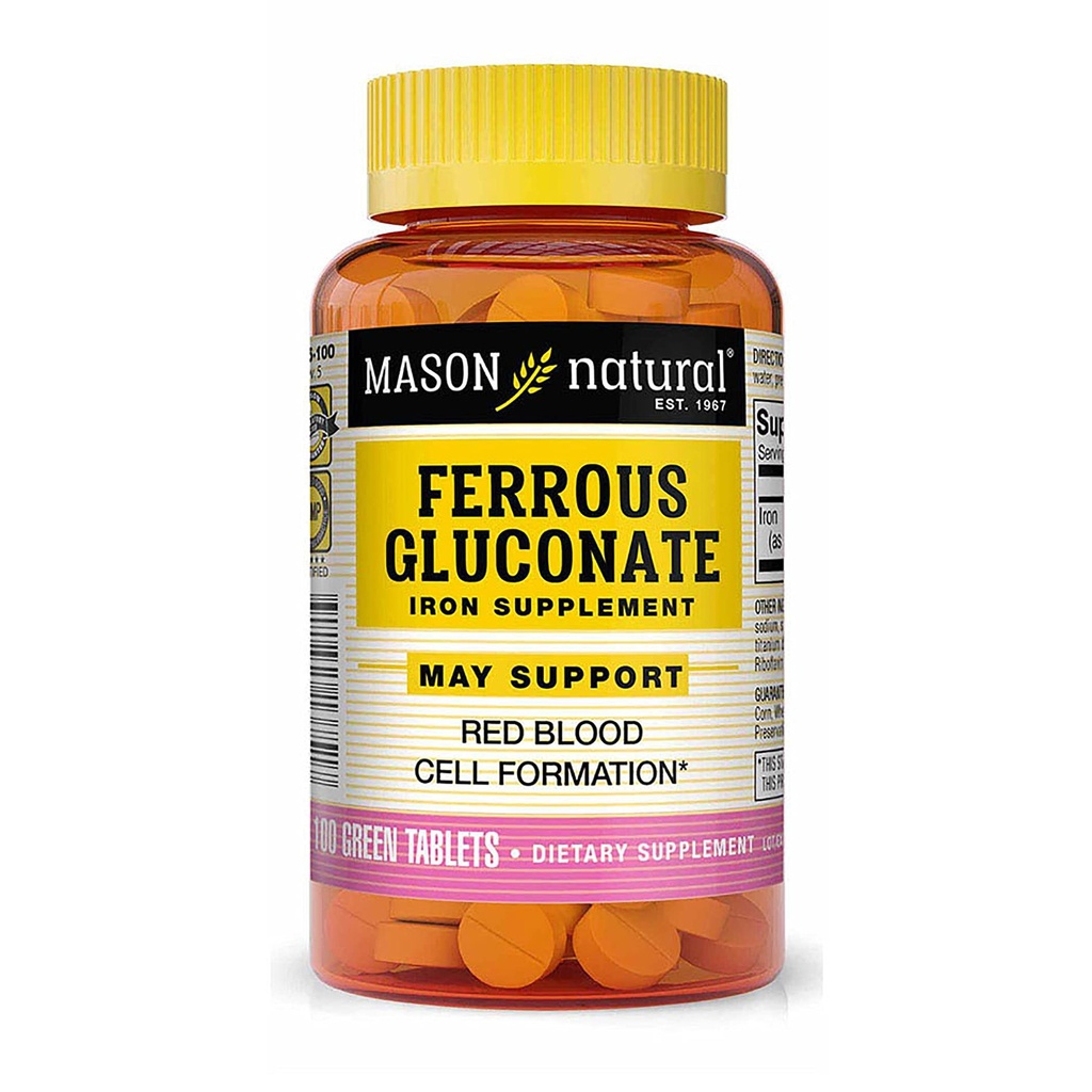 Mason Naturalny Glukonian Żelaza - Wspiera powstawanie czerwonej krwinki, Delikatność na Żelaza suplement żołądkowy, 100 tabletek
