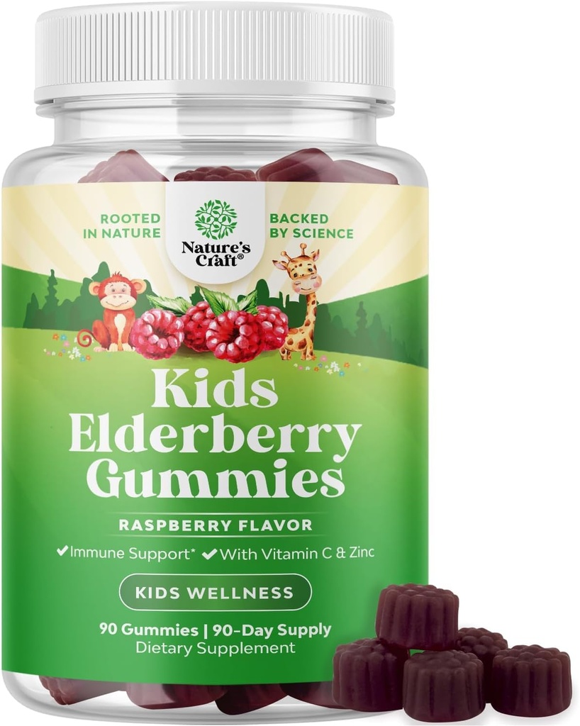 Nature Craft Sambucus Elderberry Gummies for Kids Health - Pyszne Gummeje Black Elderberry z cynku i witaminy C dla dzieci wsparcia immunologicznego - Żelatyna i gluten Free Non-GMO Wsparcie odporności 90