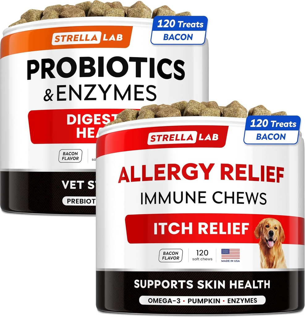 Vet Siła Probiotyki + Ulga alergiczna dla psów Bundle - Suplement do żucia Fiber + Leczenie skóry swędzącej - Enzymy trawienne + Dynia - Upset Stomach Relief + Hotspot Relief - 240 ct - Made in USA