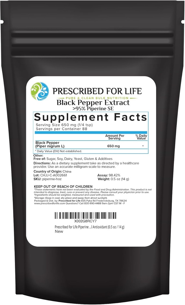 Przepisany do użytku Piperine Proszek, 95% Czarny pieprz ekstrakt Proszek, Wzmacnia Wchłanianie odżywcze, Bez glutenu, Wegan, Nie GMO, Naturalny przeciwutleniacz (0.5oz / 14g)