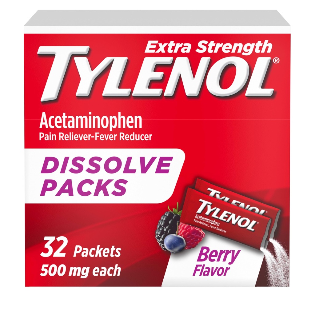 Tylenol Extra Siła Rozpuścić opakowania proszkowe, 500 mg Acetaminofen Ból Reliever & Gorączka Reducer Medicine, Szybka ulga dla drobnych Aches & Pains, Ibuprofen - & Aspirin- Free, On- the- Berry Flavor, 32 Ct