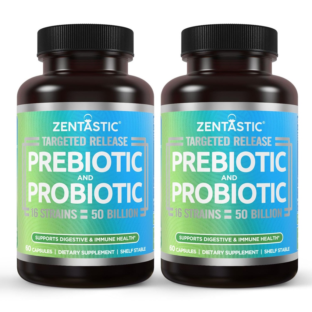 Zentastic Probiotics & Prebiotics Supplement - 50 Billion CFU - for Men & Women 's Immune & Digestive Health - 16 Strains - Shelf Stable - 120 Opóźnione uwolnienie kapsułki Veggie