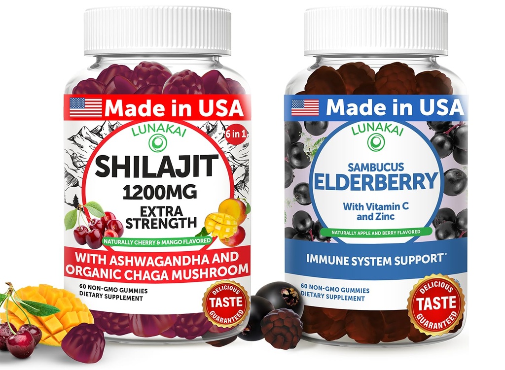 Lunakai USA Made Shilajit & Elderberry Gummies Bundle - Energia i wsparcie immunologiczne - Non-GMO & Pyszne
