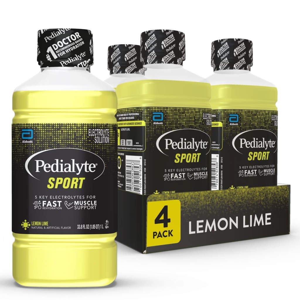 Pedialyte Sport Electrolyte Drink, Szybkie nawodnienie z 5 Kluczowe elektrolity do wsparcia mięśni Przed, Podczas, & Po ćwiczeniach, Lemon Lime, 1 Liter, Opakowanie po 4