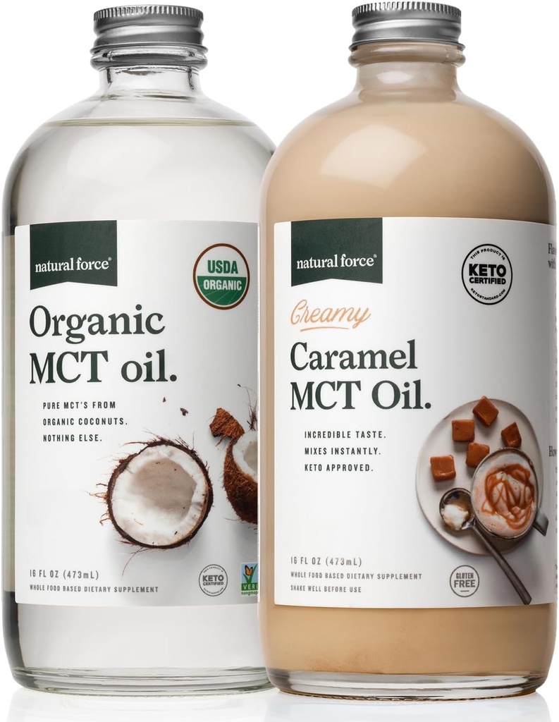 Naturalna siła kremowa karmel MCT Oil + Organic Full Spectrum MCT Olej - Bezglutenowy, Nie GMO, 100% czystego kokosowego MCTs z organicznych kokosów - Keto, Paleo i Wegan - 2x 16 Ounce szklanych butelek