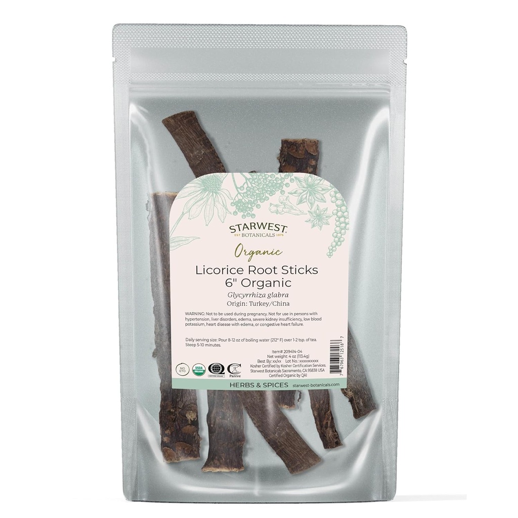 Starwest Botanicals Organic Suszony Licorice Korzeń Sticks 6 "- Herb na luźne mieszanki herbaty liści, Cudy, & Pieczone towary, Cut & Sifted, Certified Kosher, Non-GMO - 4 oz Pouch