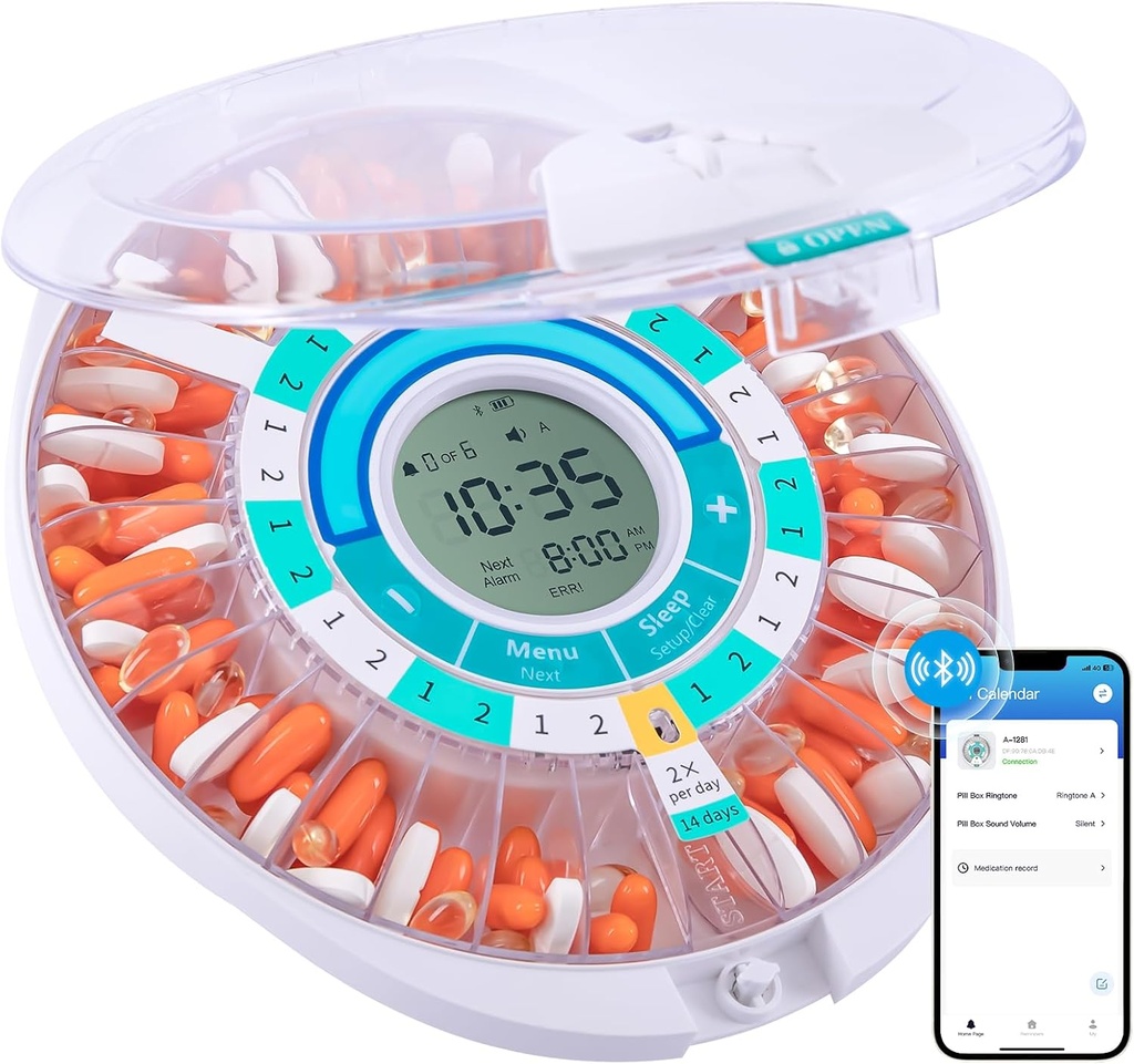 Daviky Automatic Pill Dispenser dla osób w podeszłym wieku z alarmem, Electronic Pill Dispenser Machine, 28 dzień Smart Bluetooth Monthly Pill Organizer, Pill Reminder z APP dla receptorów, Witaminy i więcej
