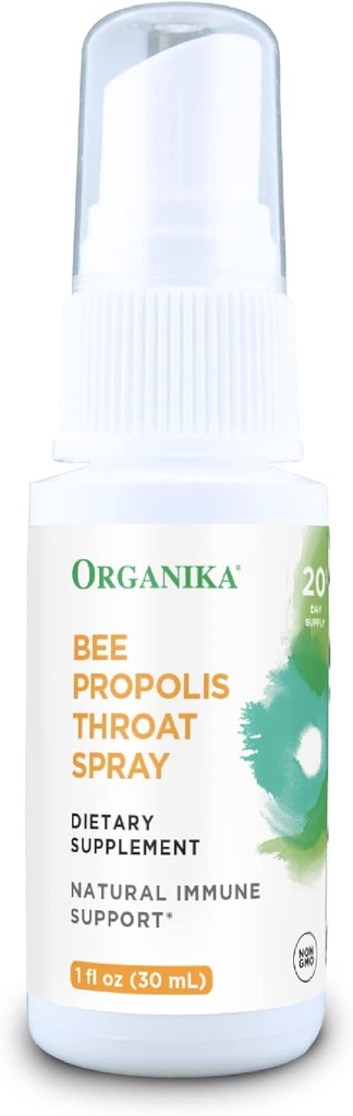 Organika Bee Propolis Throat Spray - Naturalne wsparcie immunologiczne i ból gardła Relief - Gluten Free, Suplement przeciwutleniający - Alkohol wolny płyn, 1 oz