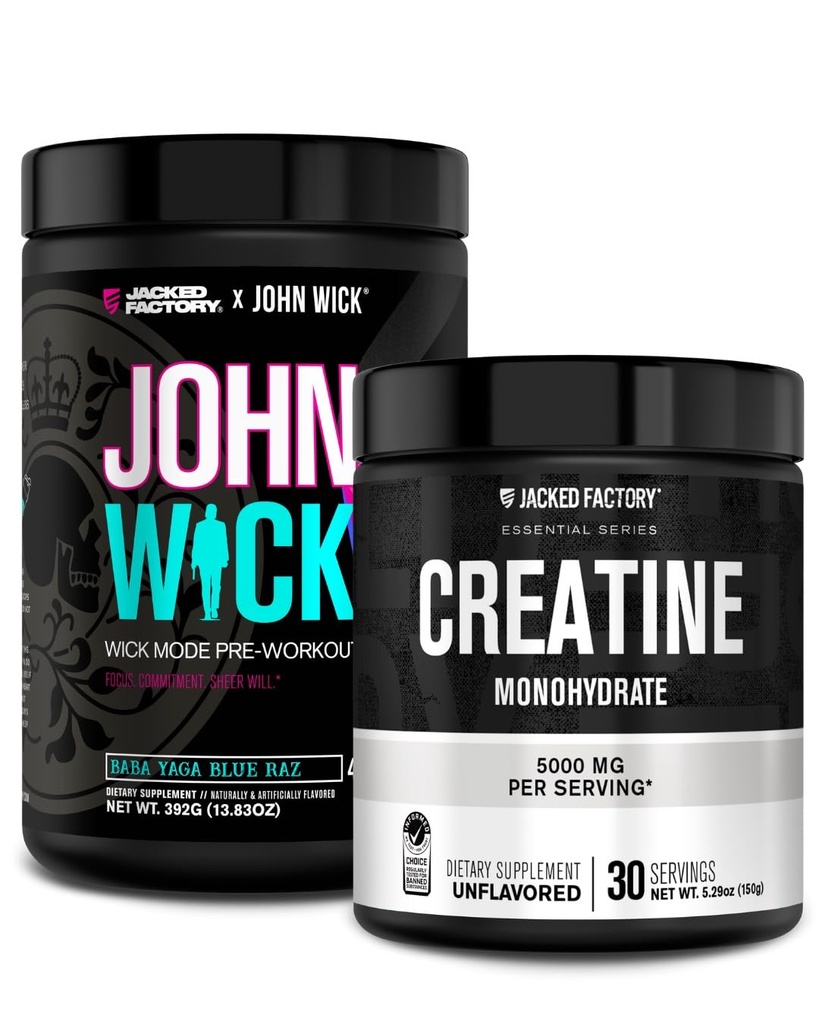 Jacked Factory X John Wick - Wick Mode Pre Workout Powder (Baba Yaga Blue Raz, 40 Servings) & Stworzenie Monohydrat Powder (Unflavored, 30 Servings)