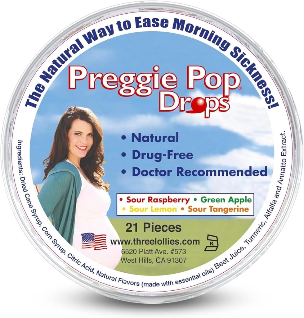 Preggie Pop Drops: 124; 21 Krople: 124; Poranna choroba w czasie ciąży 124; Bezpieczne dla ciężarnych Mama i dziecko 124; Gluten Free: 124; Cztery aromaty: Lemon, Malina, Zielone jabłko, Tangerine